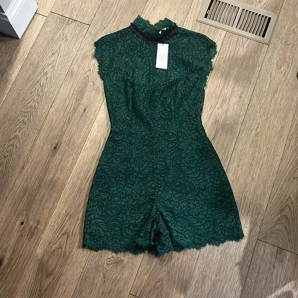 SANDROemerald green Raquel lace mock neck cap sleeve romper, size 1 or small